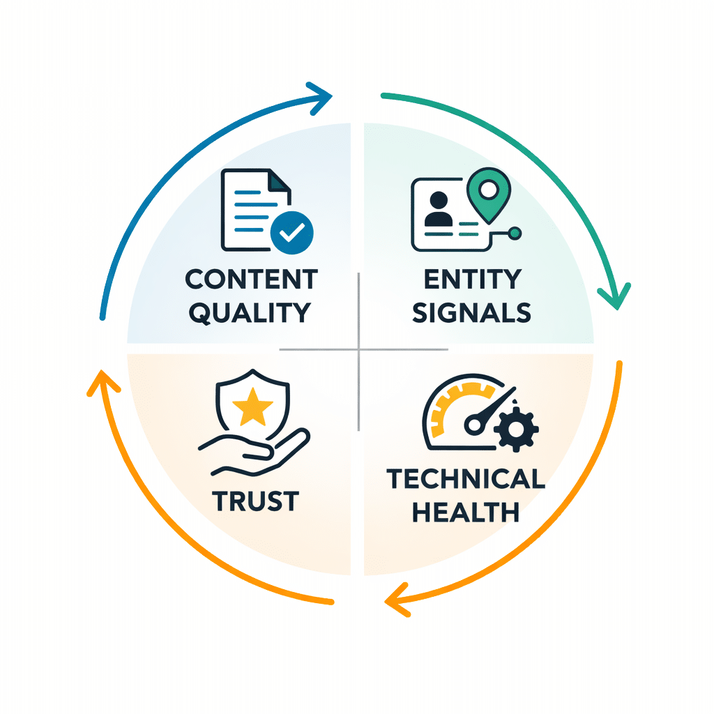 Wheel diagram showing content quality, entity signals, technical health, and trust as connected AI visibility signals.