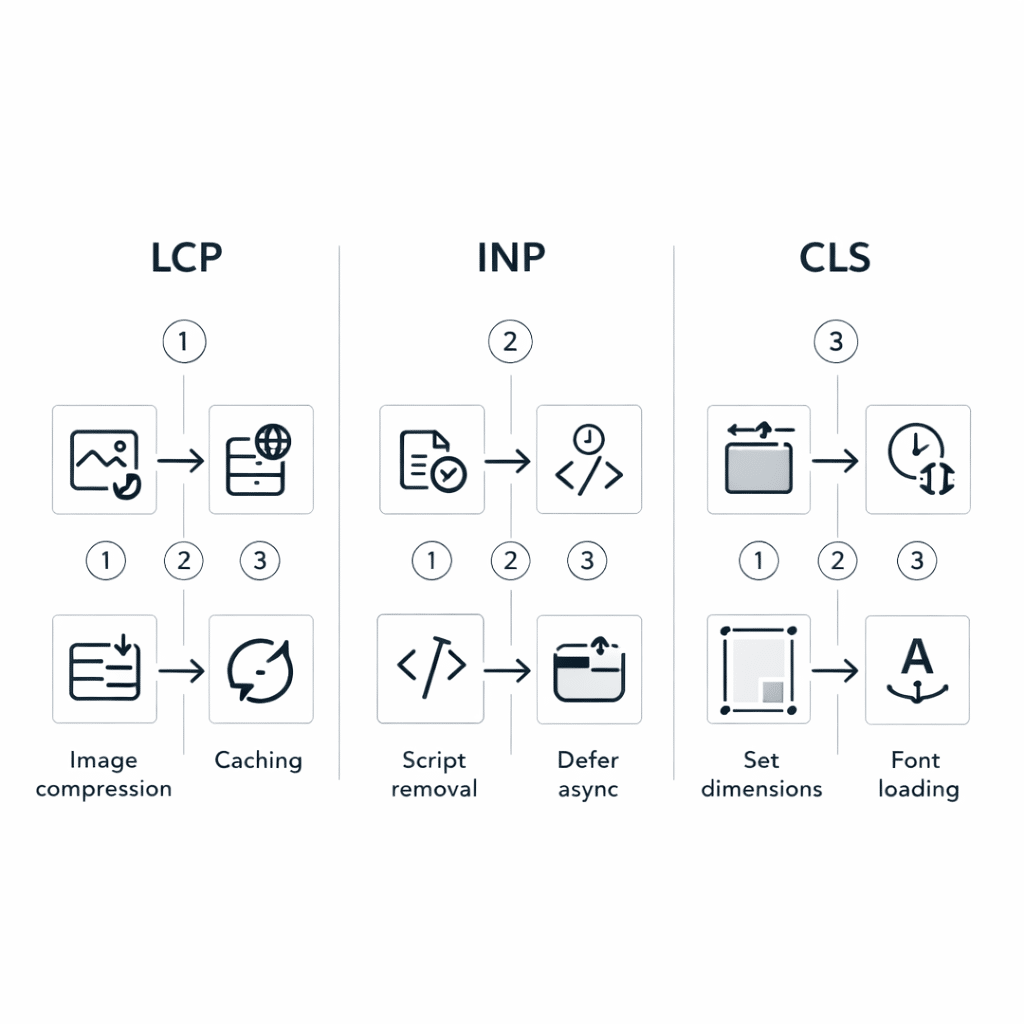 Flowchart showing a fast-wins order for Core Web Vitals improvements across LCP, INP, and CLS.